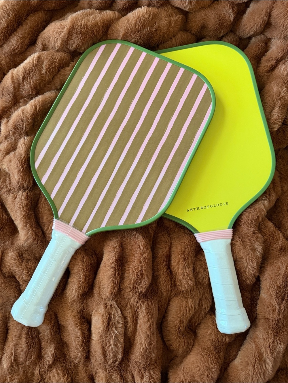 Anthropologie Neon Yellow & Pink Striped Pickleball Paddles - NEVER USED!